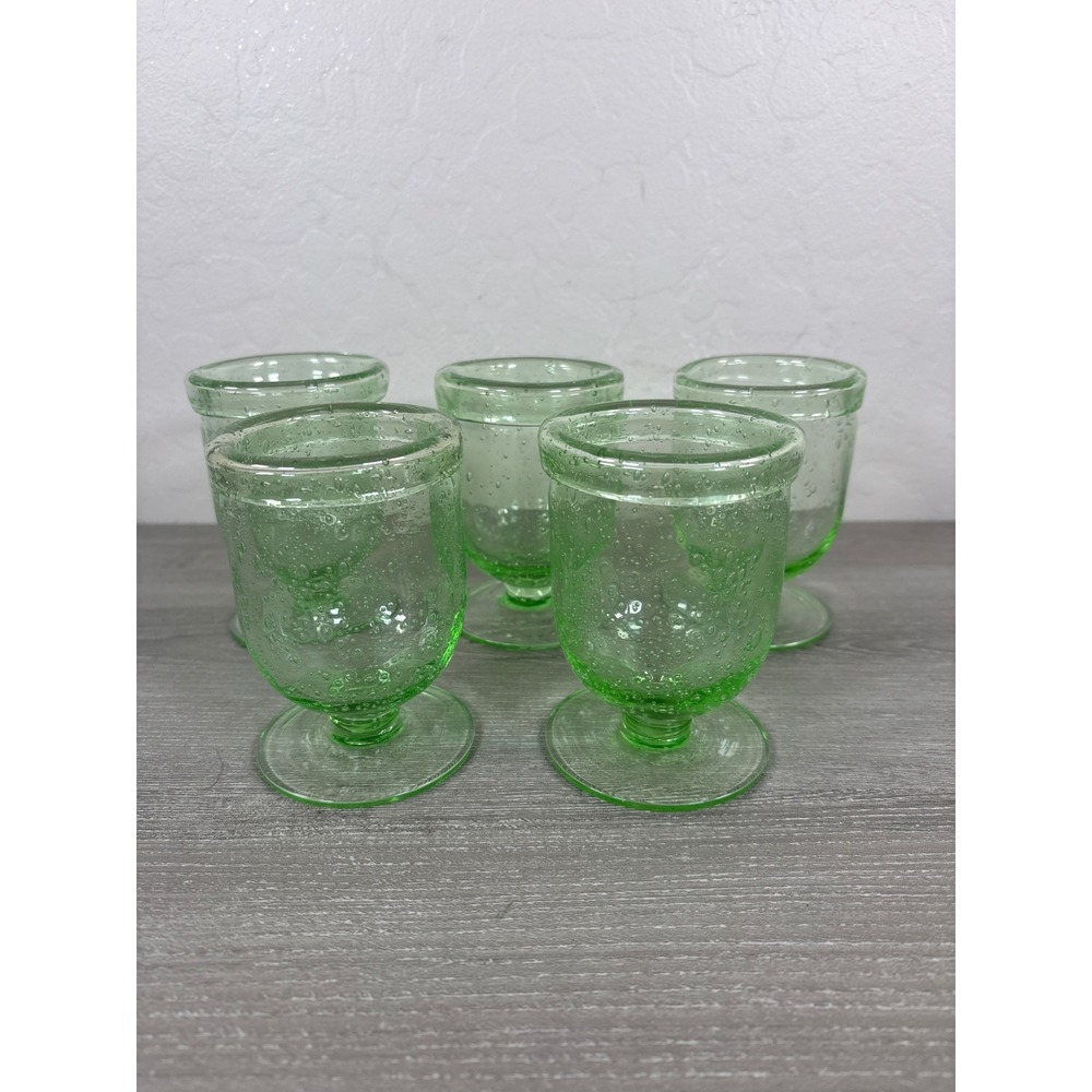 Vintage Green‎ Bubble Glass Footed Goblets Set of 5 Hand Blown Seed Glass 4.5"